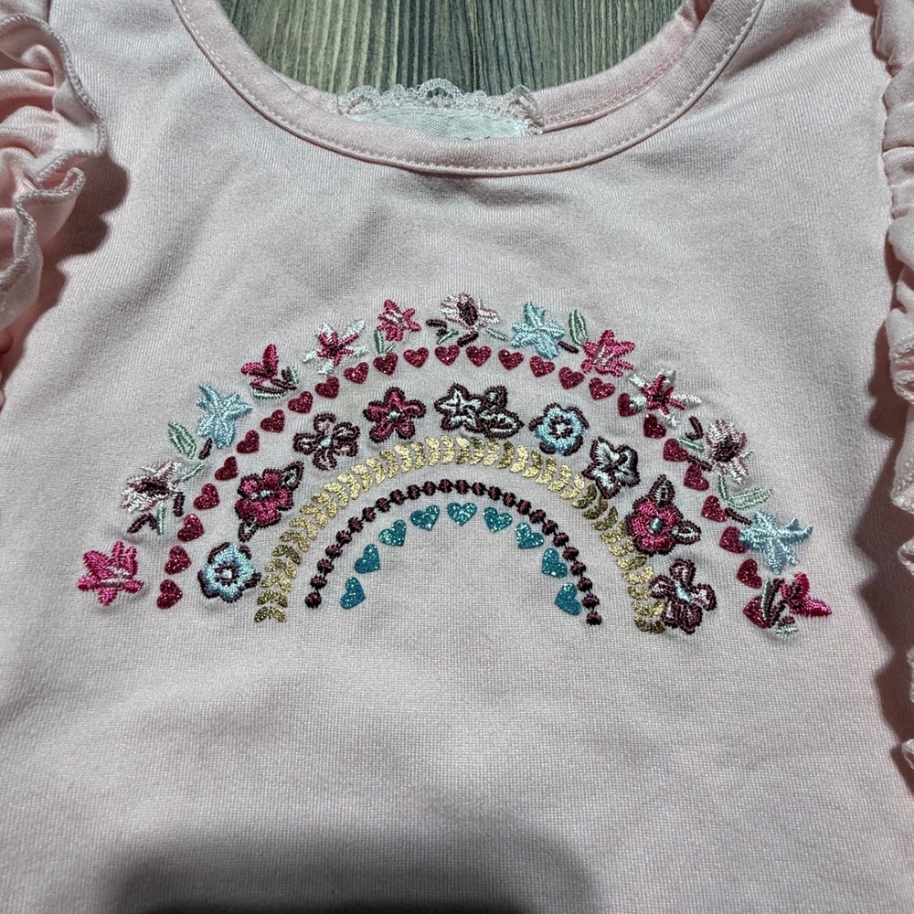 btween T-Shirt Pink Embroidered Floral Rainbow Cottagecore 3T